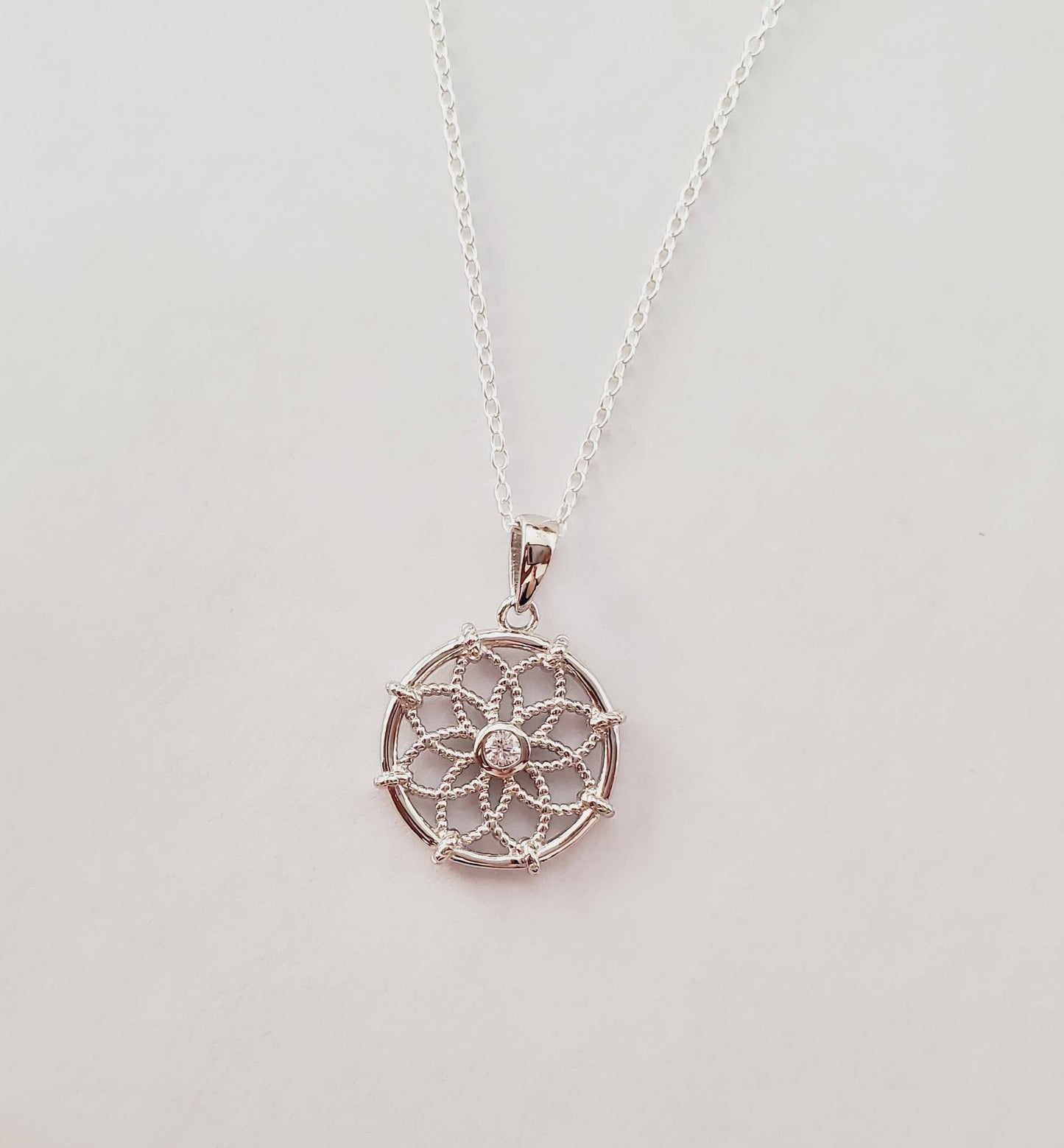 925 Sterling Silver Center CZ Dreamcatcher Necklace