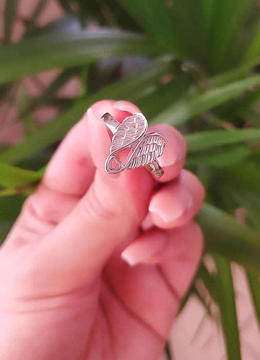 Sterling Silver Angel Wings With Heart Ring